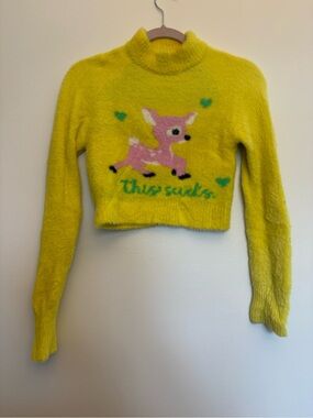 Urban Outfitters Yellow Fuzzy Cropped Turtleneck Sweater with Pink Deer